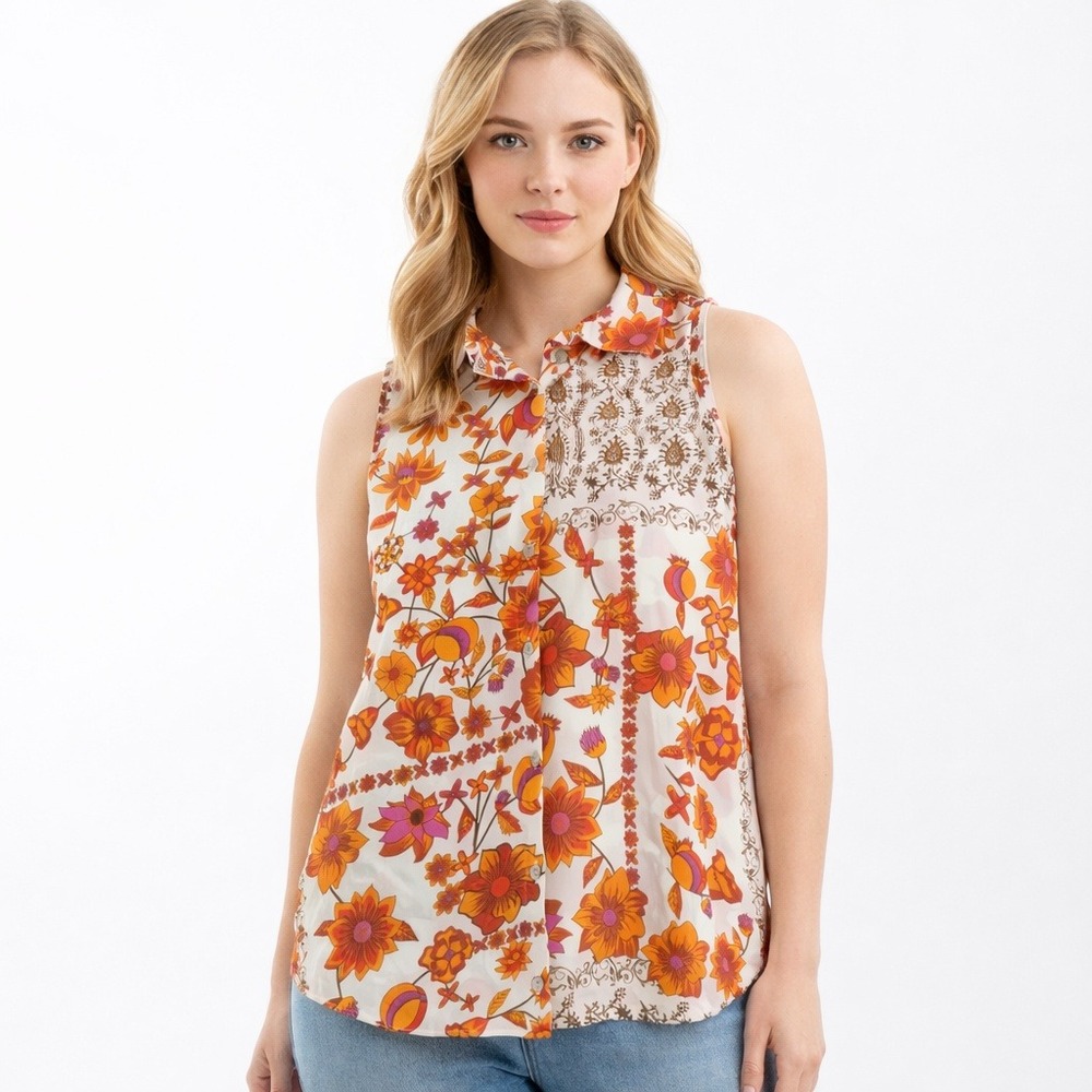 Rose Olive Sleeveless Collared Shirt Floral Patchwork Orange women Women's Small